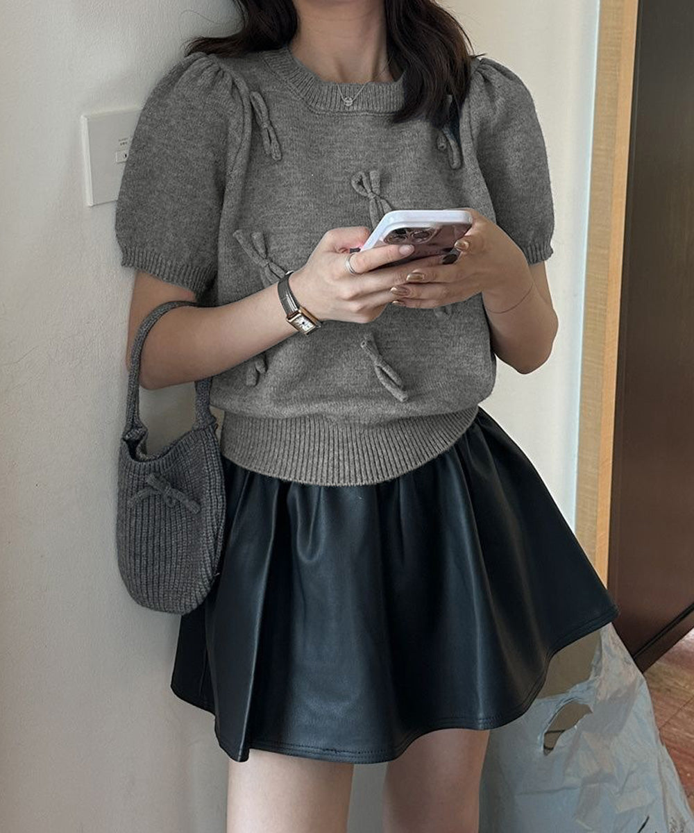 リボン付きニットトップスクルーネック夏服 レディース 大人可愛いニットセーター コンパクト 半袖ニットソー 韓国風 ニットトップ パフスリーブ 着やせ夏トップス 24TPS-088
