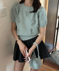 リボン付きニットトップスクルーネック夏服 ミント
