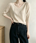 ニットトップス レディース 韓国風春夏服 vネック 5分袖サマーニット オフィスカジュアル ニットソー おしゃれ ニットプルオーバー 着やせ 大人通勤服 きれいめ 24TPS-089