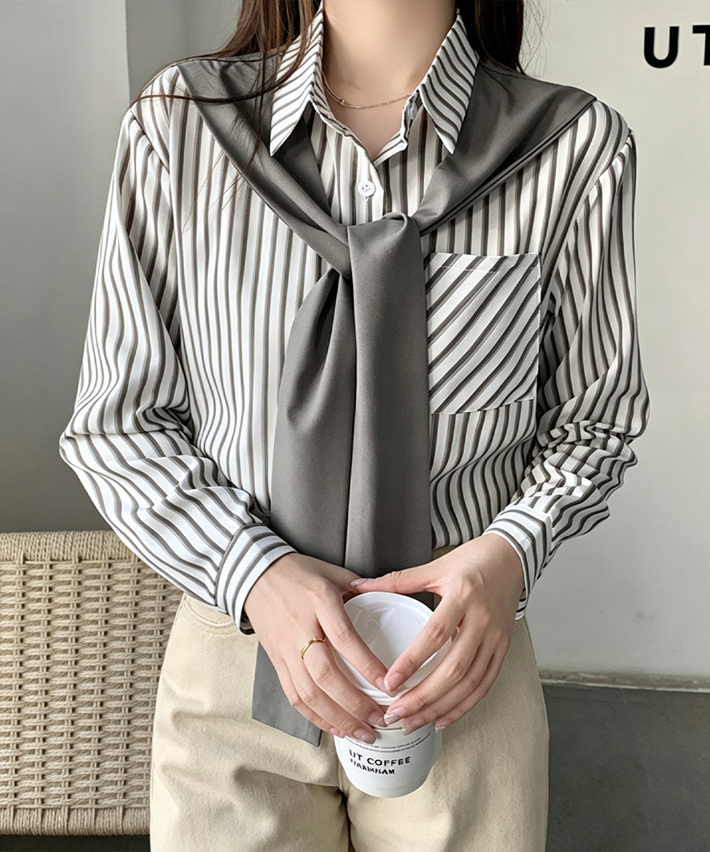 レイヤード風ストライプシャツ胸ポケット服 グレー