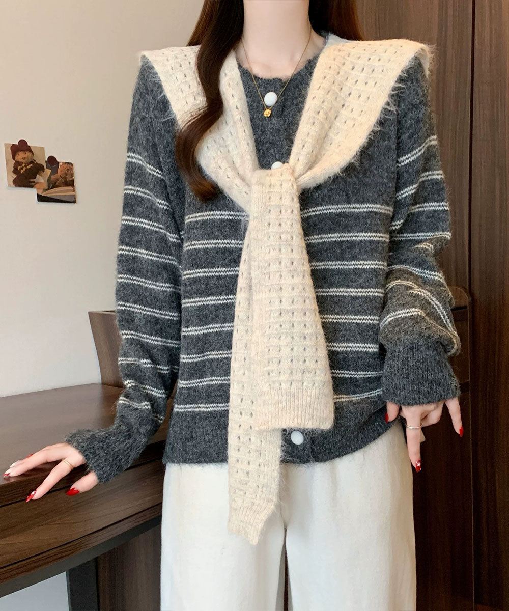 ボーダー柄カーディガンショールセット ダークグレー
