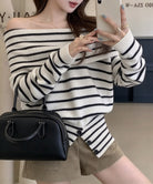 オフショルダーボーダーニット裾ボタン秋服 ホワイト