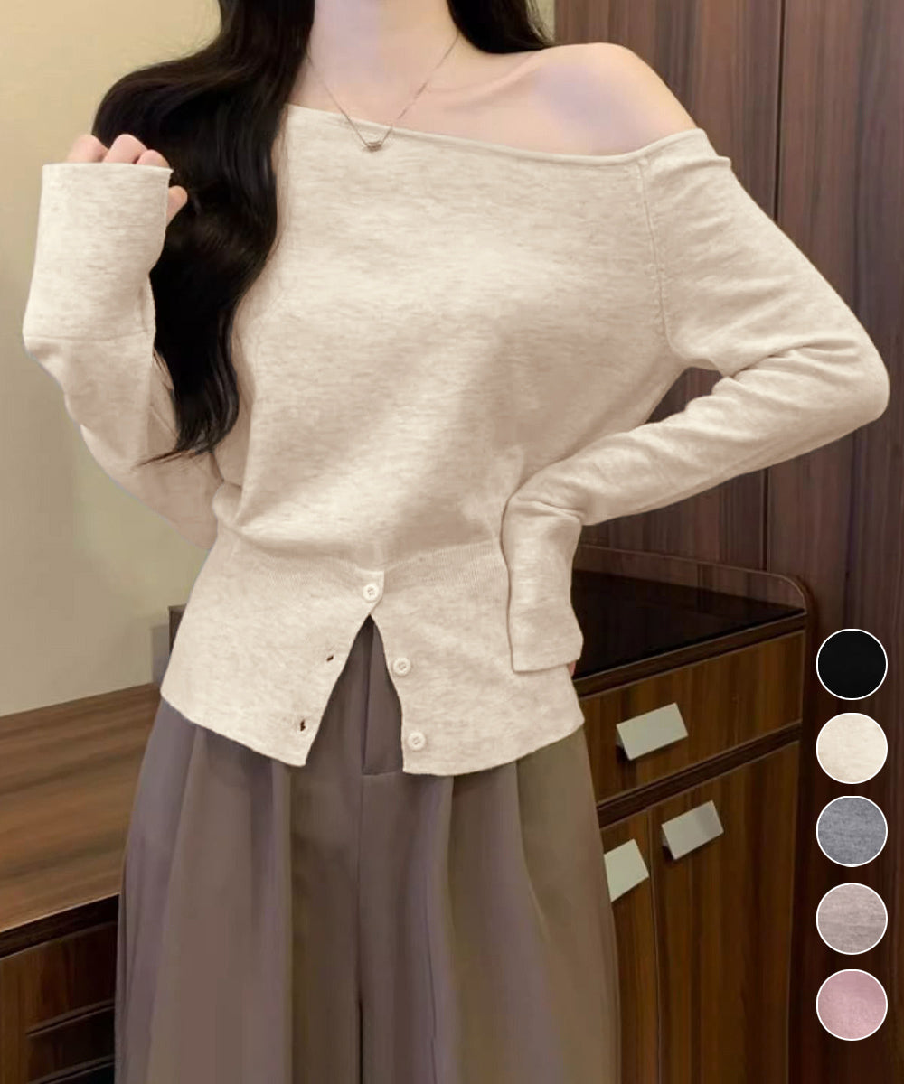 ワンショルダーニットトップス裾ボタン秋服 詳細画像1