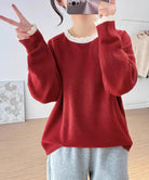 配色ニットプルオーバーラウンドネック秋服