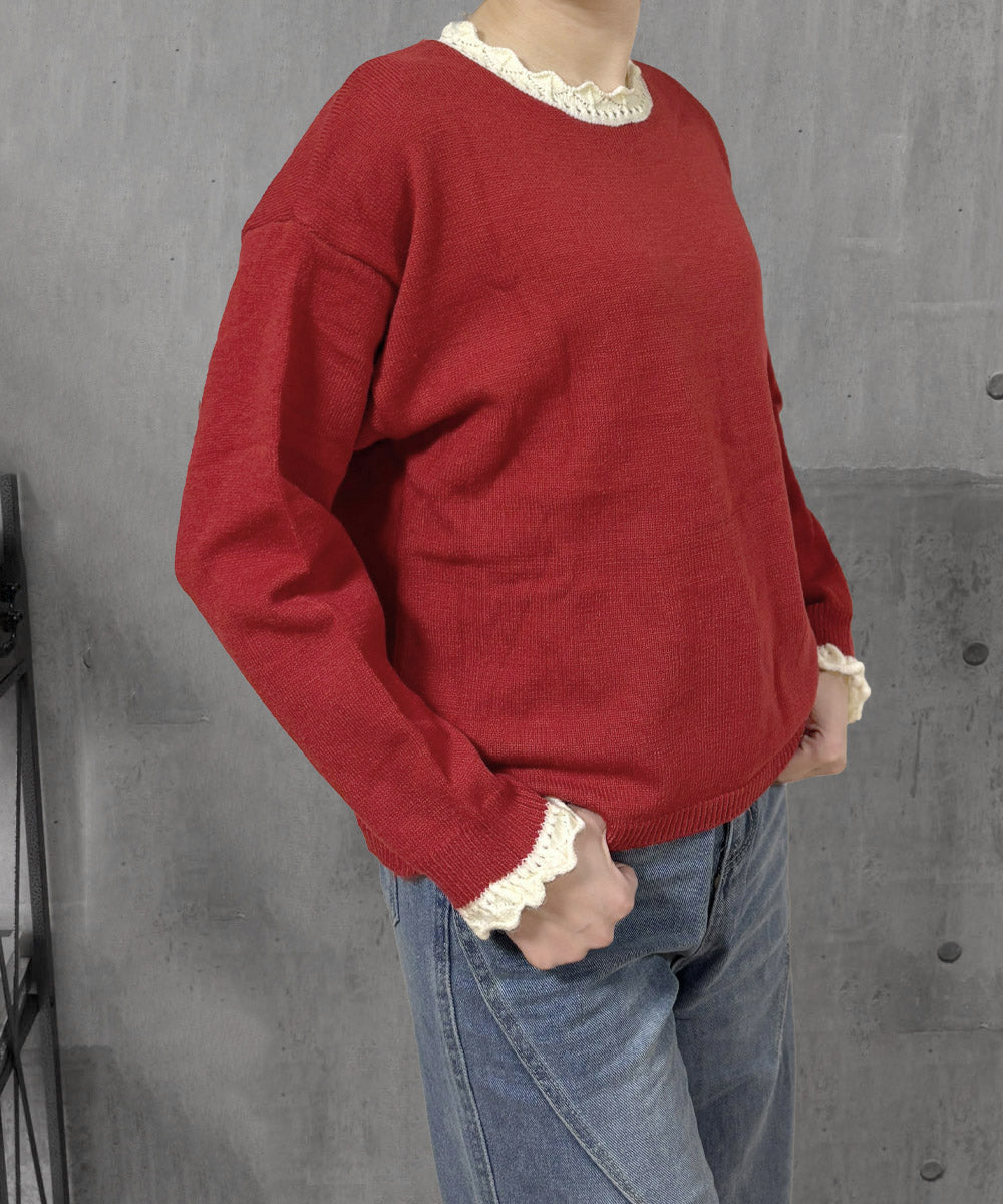配色ニットプルオーバーラウンドネック秋服