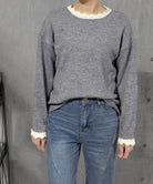 配色ニットプルオーバーラウンドネック秋服