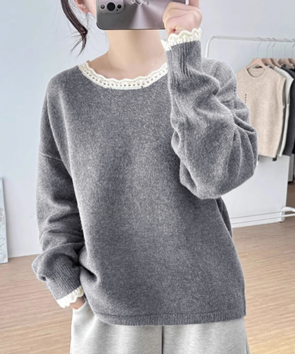 配色ニットプルオーバーラウンドネック秋服