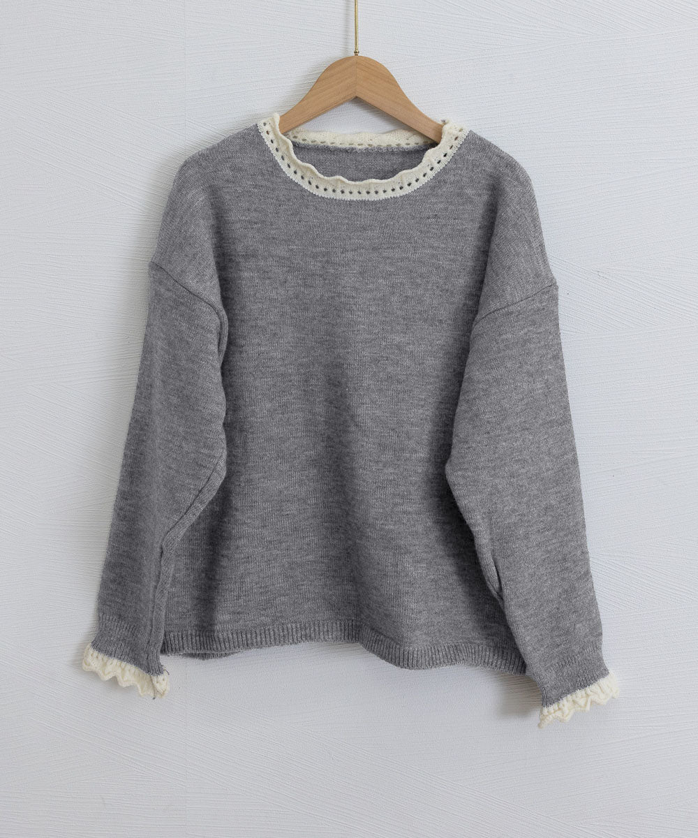 配色ニットプルオーバーラウンドネック秋服