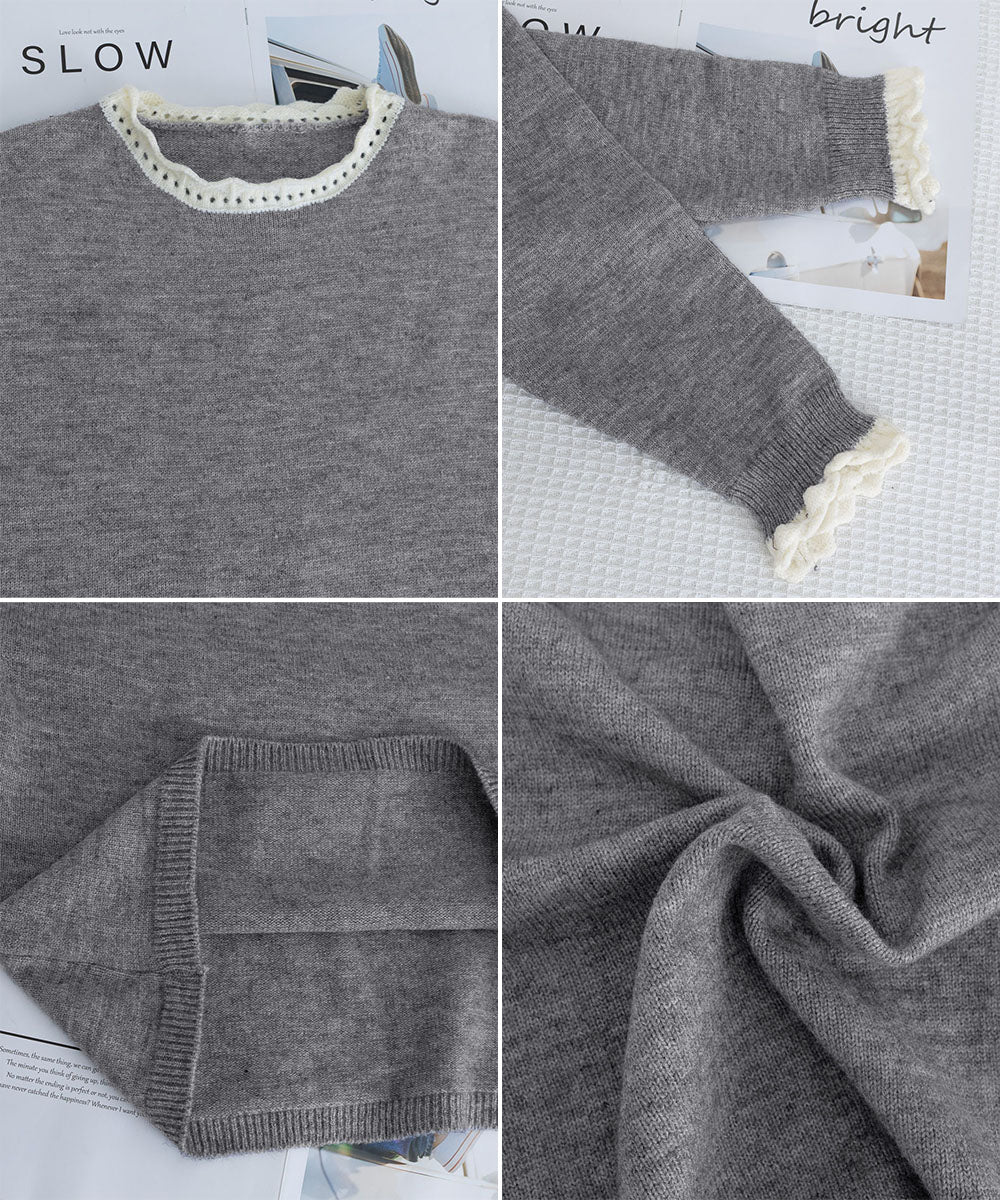 配色ニットプルオーバーラウンドネック秋服