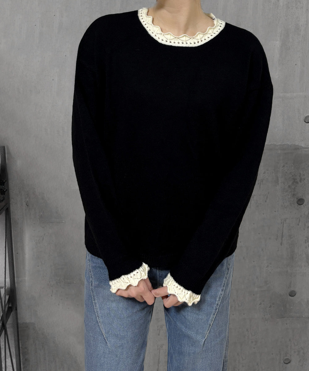 配色ニットプルオーバーラウンドネック秋服