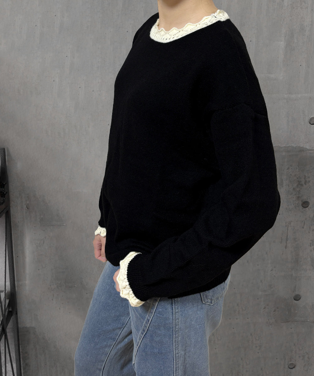 配色ニットプルオーバーラウンドネック秋服