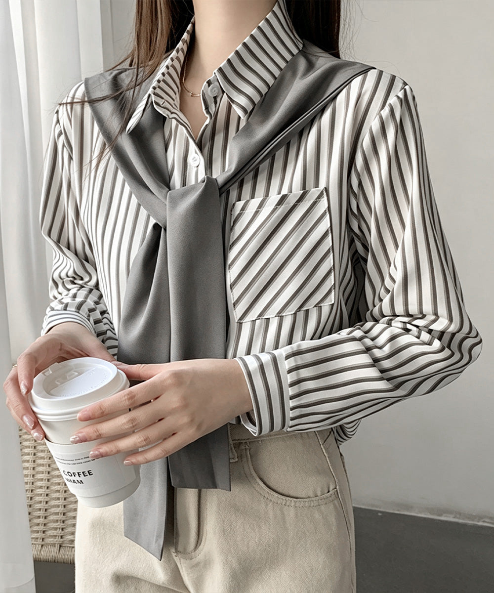 レイヤード風ストライプシャツ胸ポケット服 詳細画像4