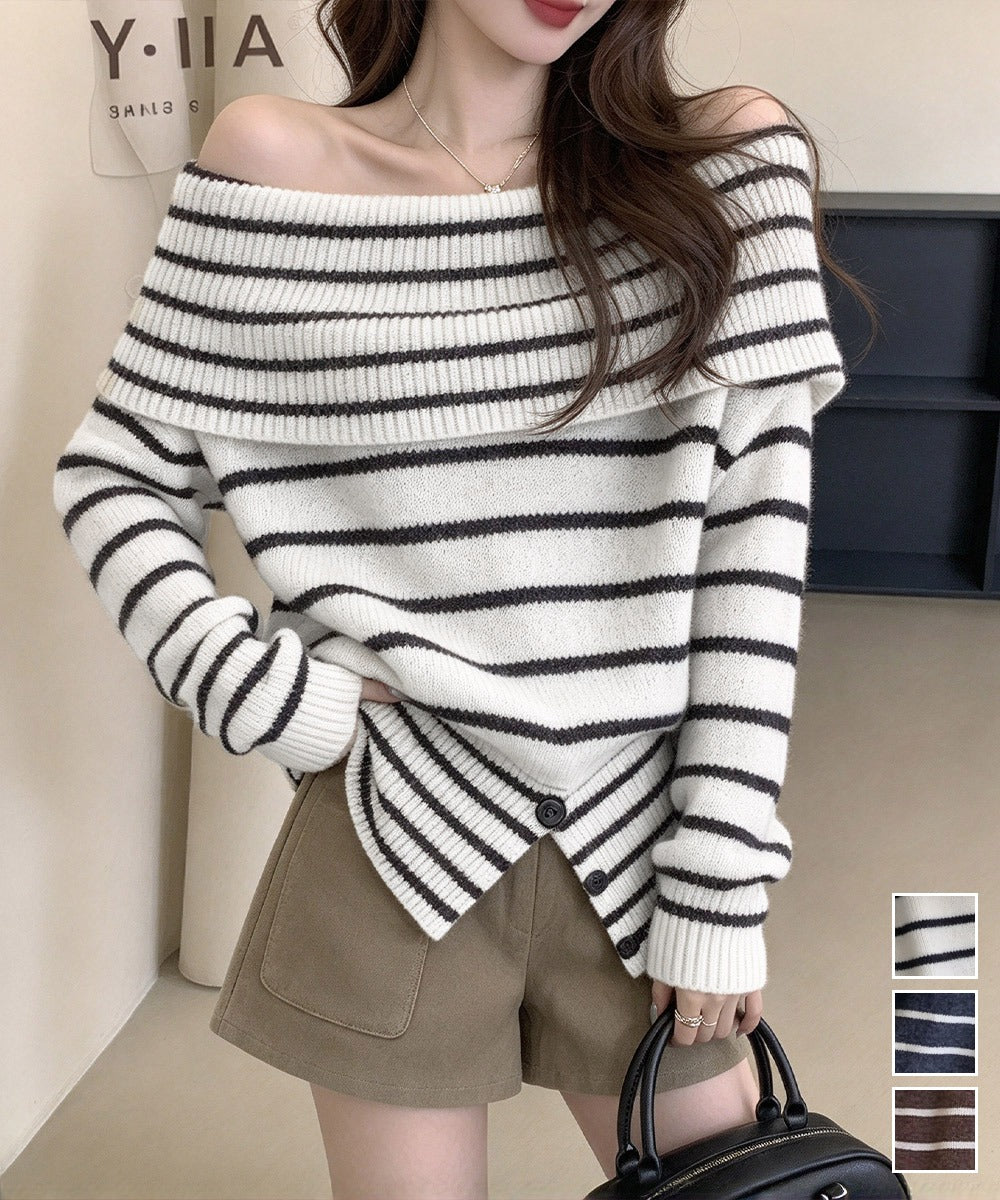 オフショルダーボーダーニット裾ボタン秋服