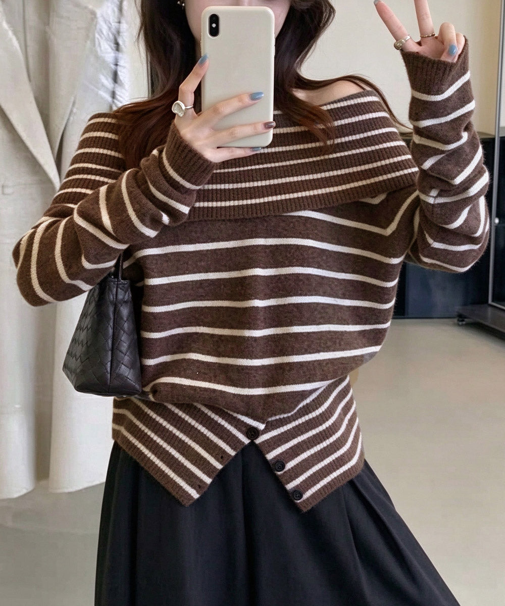 オフショルダーボーダーニット裾ボタン秋服