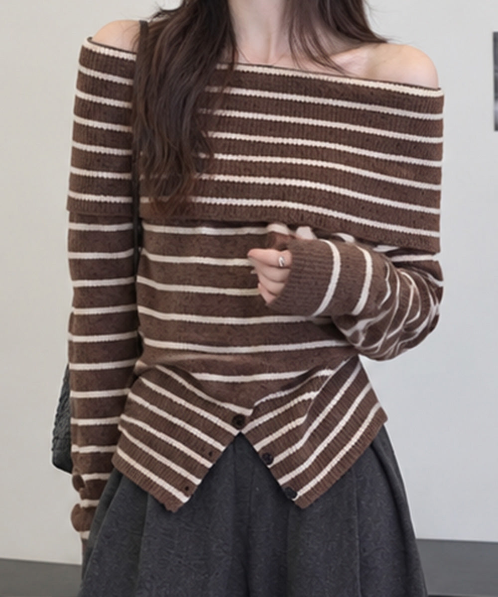 オフショルダーボーダーニット裾ボタン秋服