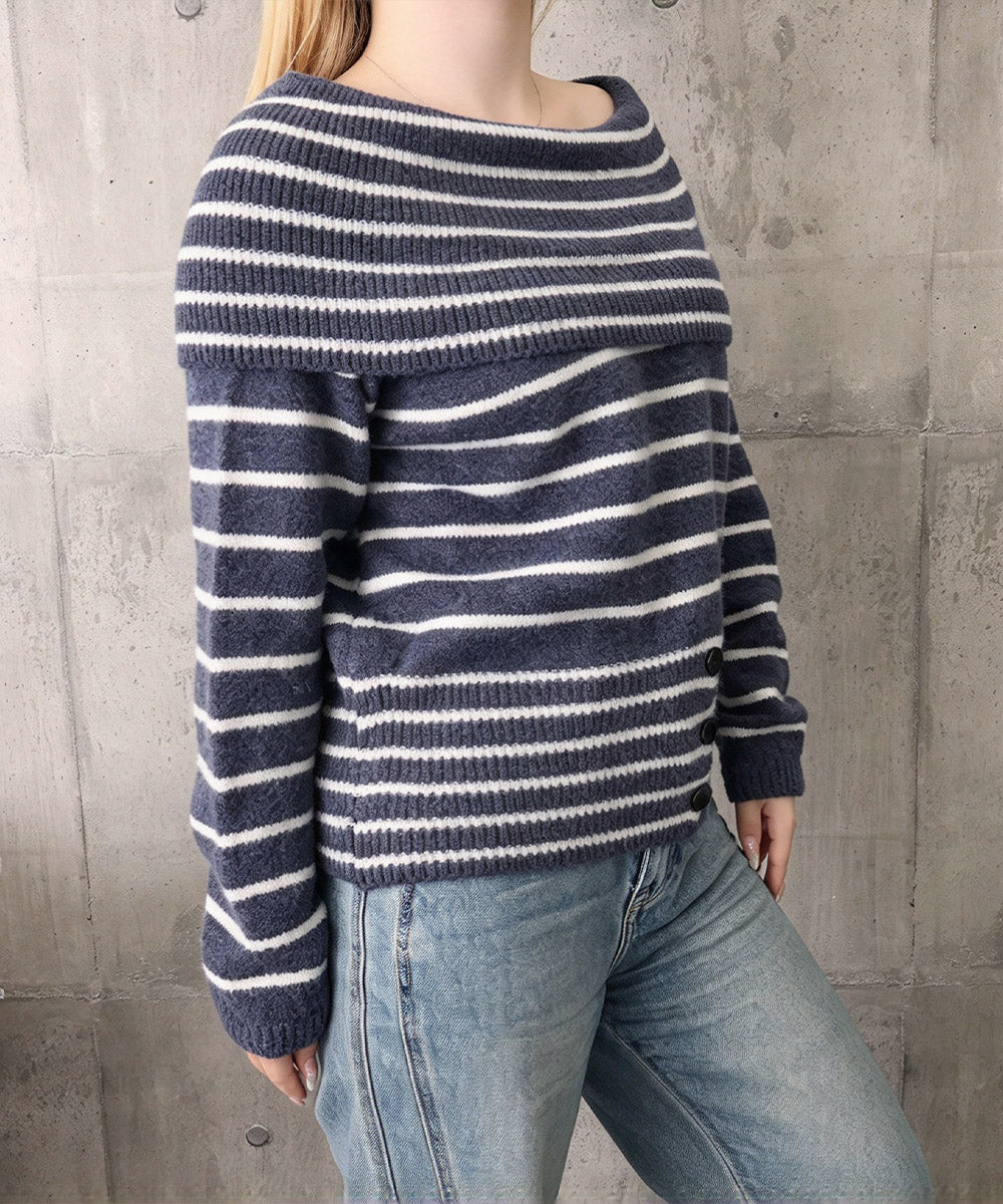 オフショルダーボーダーニット裾ボタン秋服