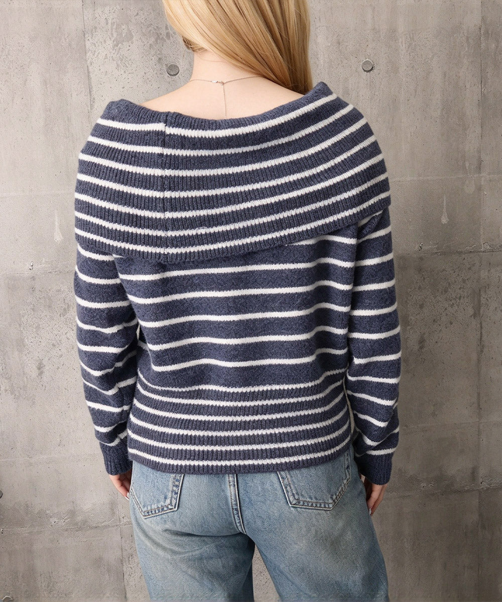 オフショルダーボーダーニット裾ボタン秋服