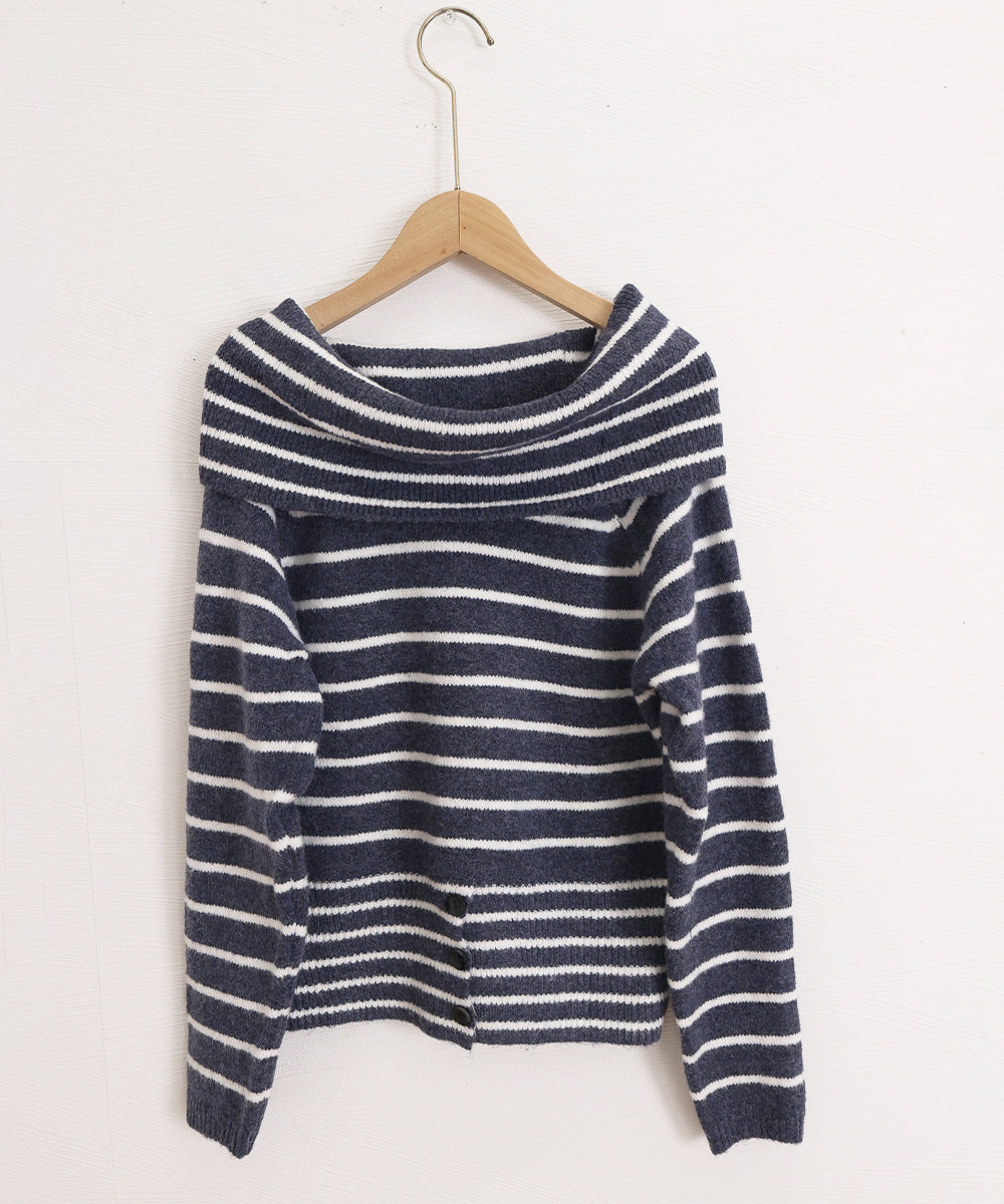 オフショルダーボーダーニット裾ボタン秋服