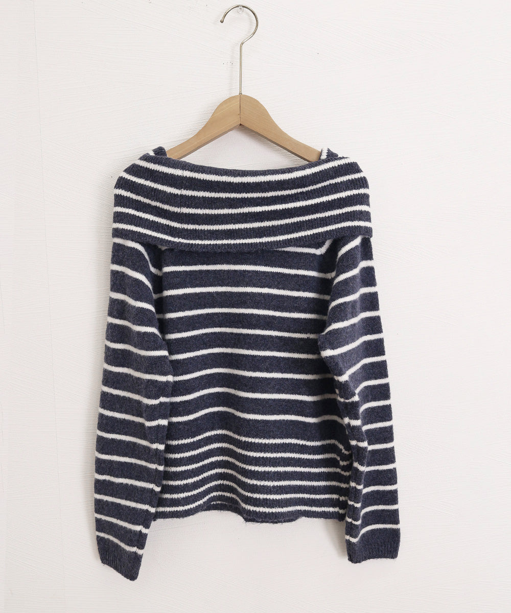オフショルダーボーダーニット裾ボタン秋服