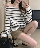 オフショルダーボーダーニット裾ボタン秋服