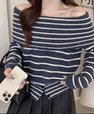 オフショルダーボーダーニット裾ボタン秋服