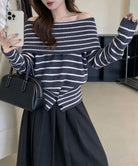 オフショルダーボーダーニット裾ボタン秋服