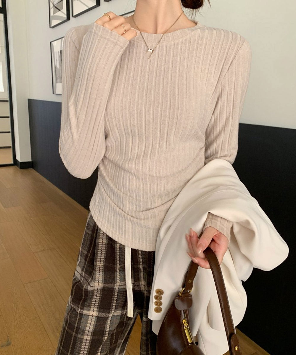 リブニットトップスサイドギャザートップス