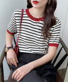 ボーダーニットトップス 半袖 レディース ブラック2（襟レッド）