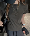 Tシャツ レディース フィットカットソー レディース クルーネックtシャツ  細見え夏服 ストレッチトップス シンプル 着回し タイトtシャツ 半袖カットソー無地 2DYYT-001