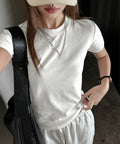Tシャツ レディース フィットカットソー レディース クルーネックtシャツ  細見え夏服 ストレッチトップス シンプル 着回し タイトtシャツ 半袖カットソー無地 2DYYT-001