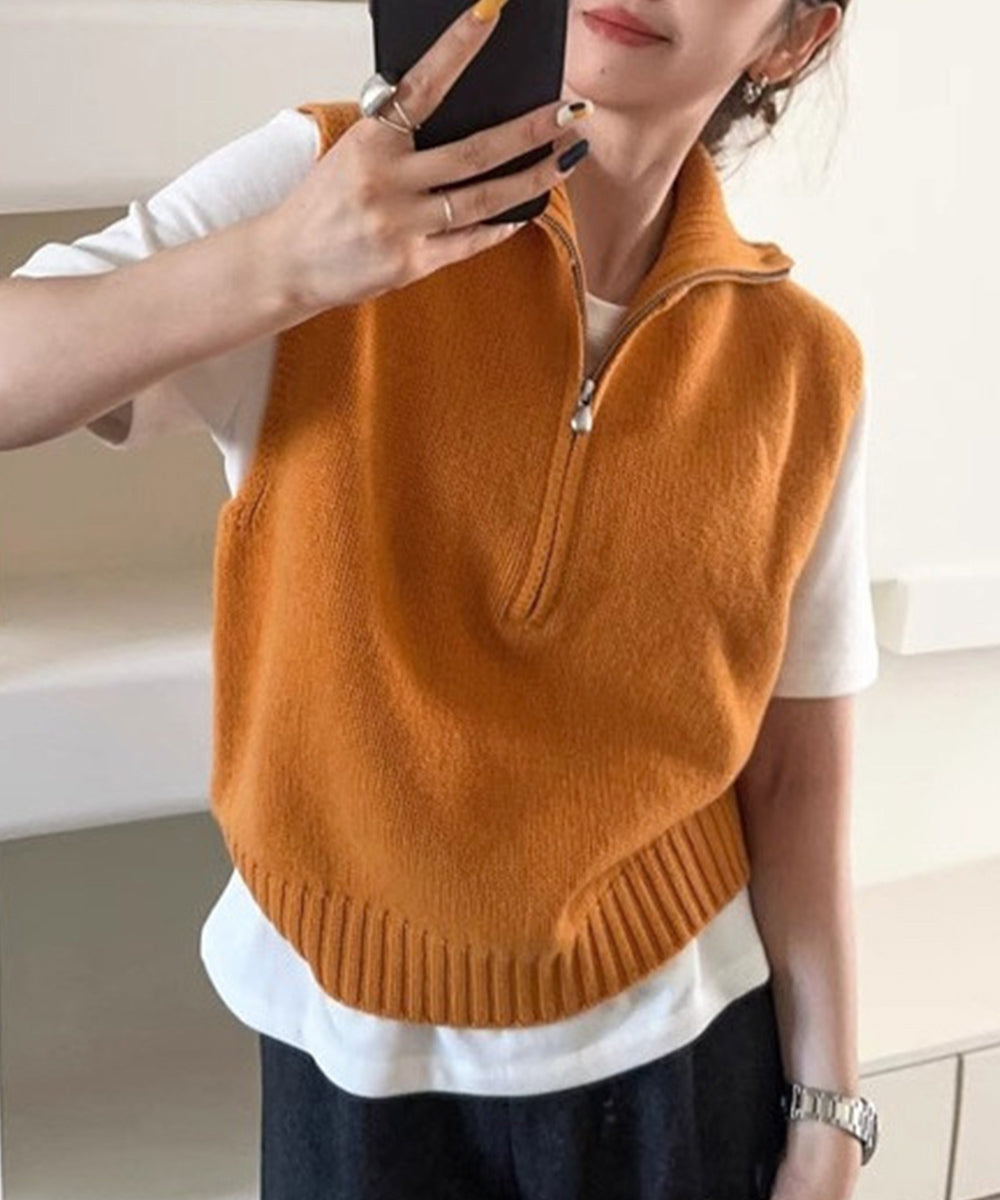 ハーフジップ ニットベストスタンドカラー ハイネック ニットチョッキ シンプルおしゃれ ノースリーブニットトップス レディース カジュアルニット 無地重ね着秋冬服 2HUANYI-003