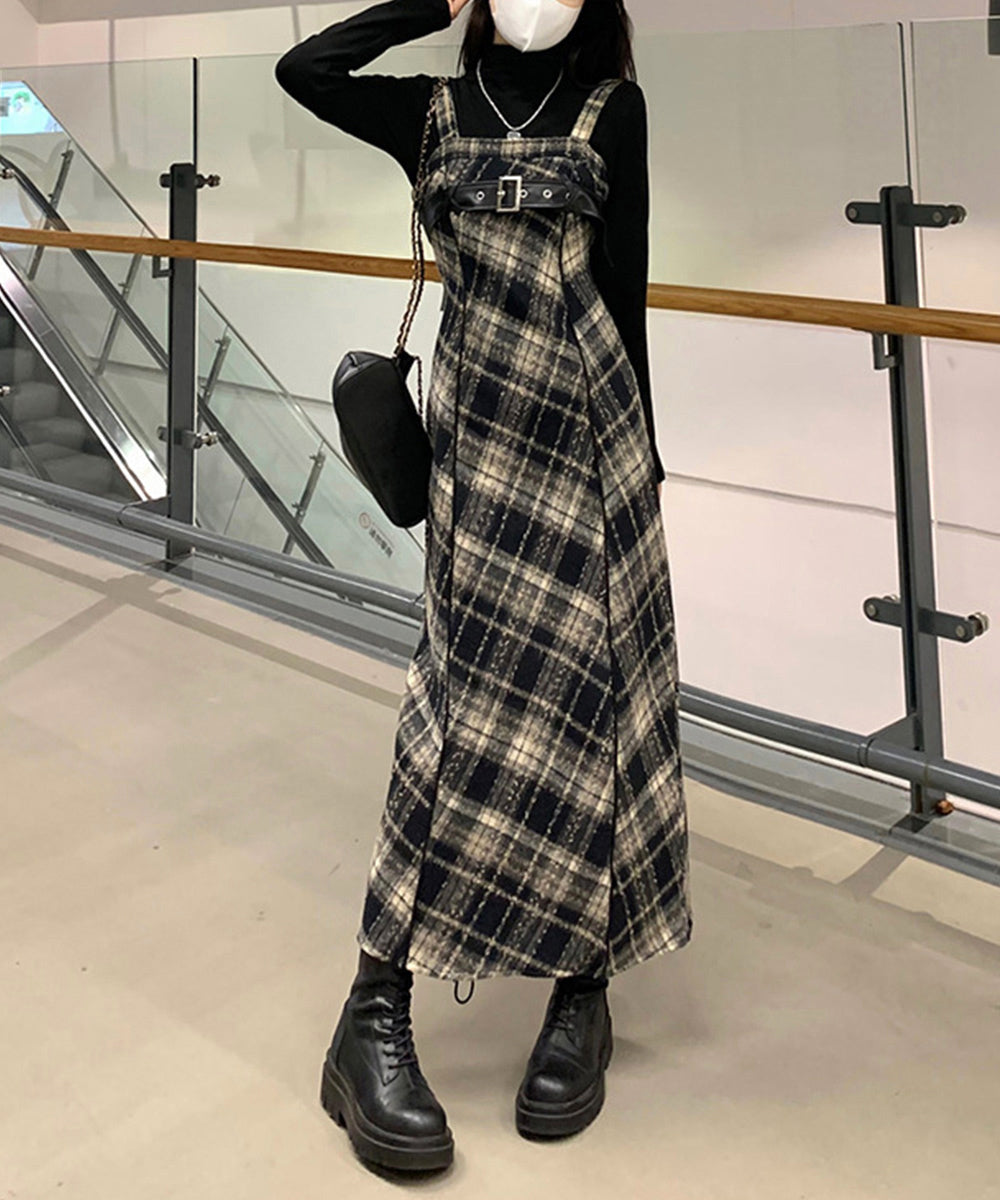 チェック柄サスペンダーワンピースベルト付 チェック*ロング丈