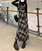 チェック柄サスペンダーワンピースベルト付 チェック*ロング丈