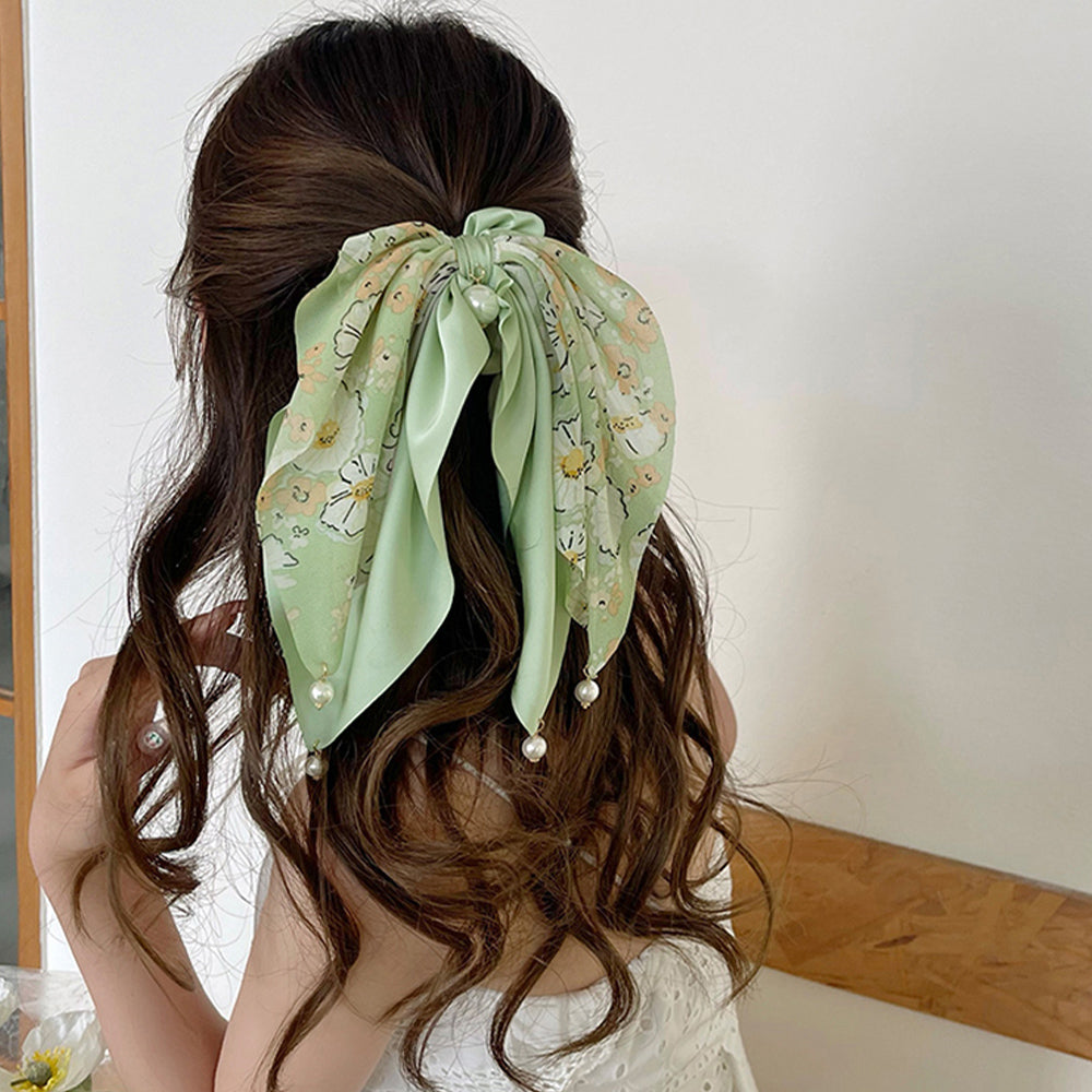 花柄 スカーフシュシュ春夏リボンヘアゴム ミントグリーン