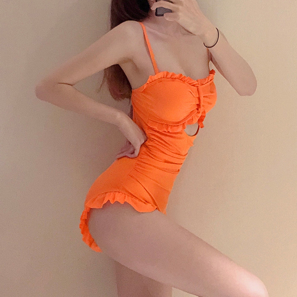 韓国風ワンピース水着体型カバー大人可愛い オレンジ
