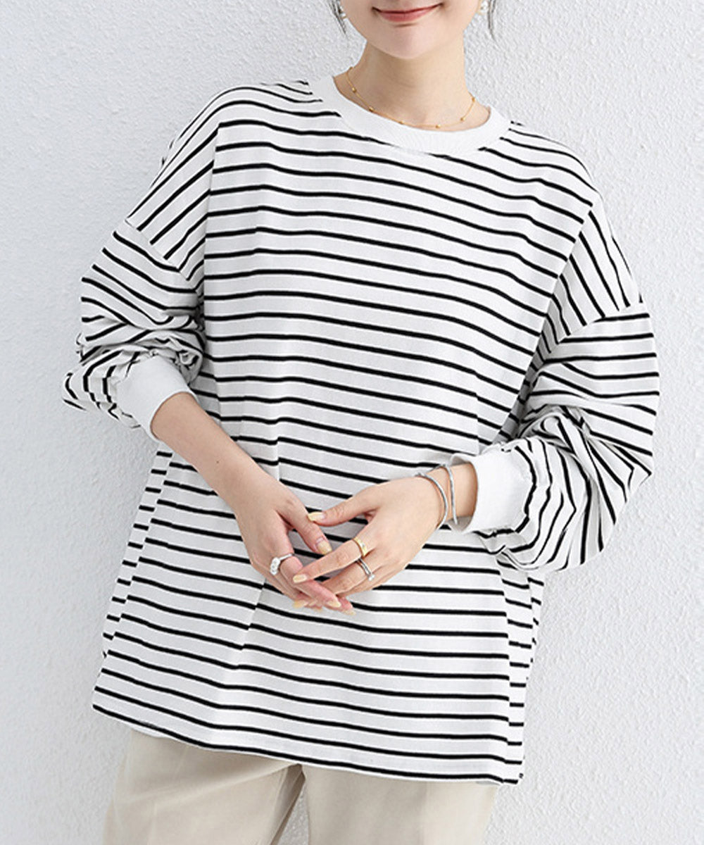 ボーダーtシャツ レディース 長袖ロンT ラウンドネック ゆったり 着やせプルオーバー 韓国 おしゃれカットソー 体型カバートップス チュニック無地 春秋冬着回し 2RIRI-001