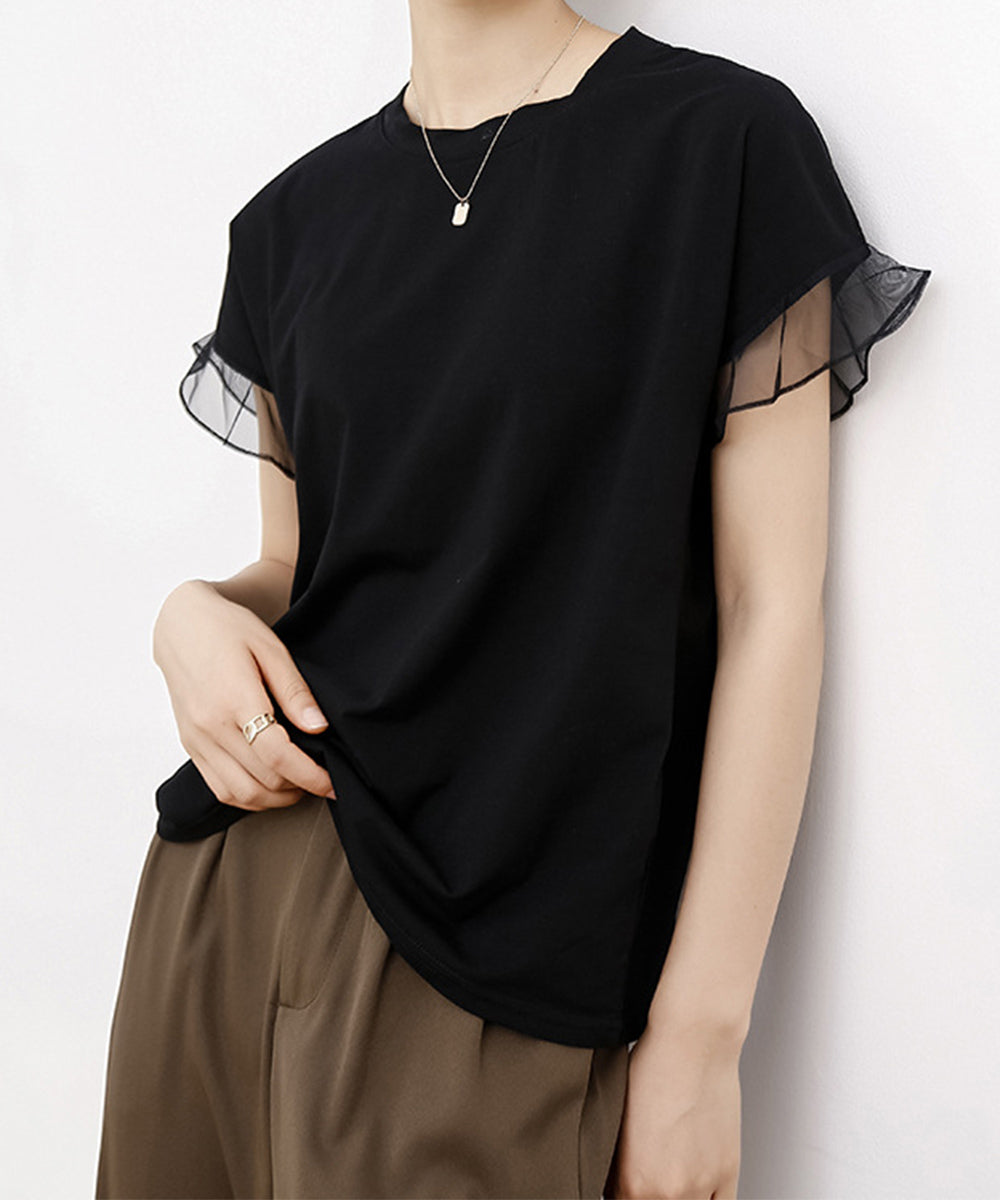 袖シアーTシャツチュール切替えカットソー ブラック