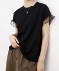袖シアーTシャツチュール切替えカットソー クルーネックt 大人可愛い夏服 着回し フリル袖トップス ゆったり 半袖カットソー レディース おしゃれプルオーバー無地 2SHENSHI-001