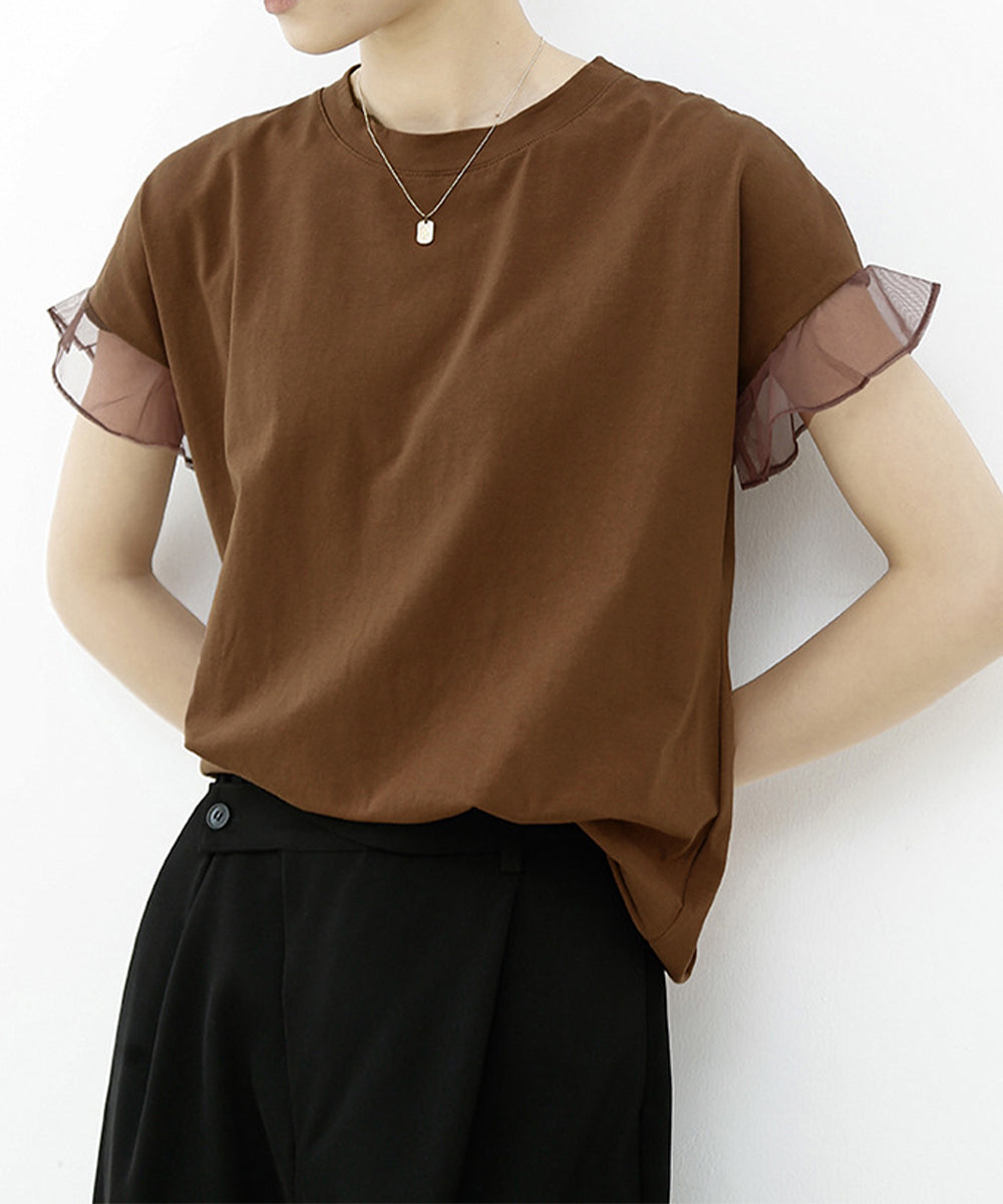 袖シアーTシャツチュール切替えカットソー ブラウン