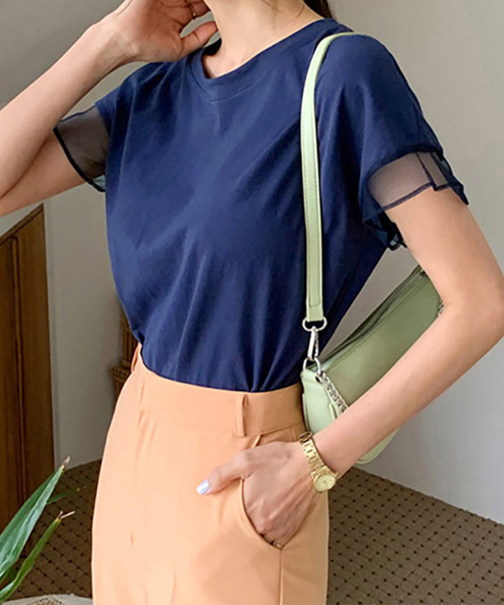 袖シアーTシャツチュール切替えカットソー ロイヤルブルー