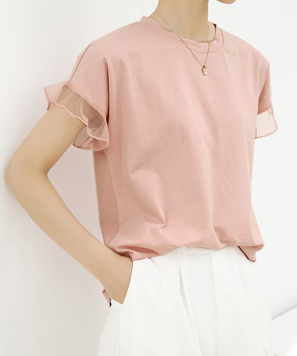 袖シアーTシャツチュール切替えカットソー ピンク