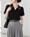 半袖 ポロシャツ レディース ニット夏服 ポロ襟トップス 上品ニットTシャツ シンプル 冷感タッチ サマーニット オフィスカジュアル服 着回し Vネックニットソー 2XUAN-006