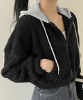 暖かいボアパーカー ジップアップブルゾン 韓国風 ふわふわフーディ ショート丈パーカー レディース クロップド 厚手フリースジャケットもこもこ ライトアウター軽量 2YIGULI-038