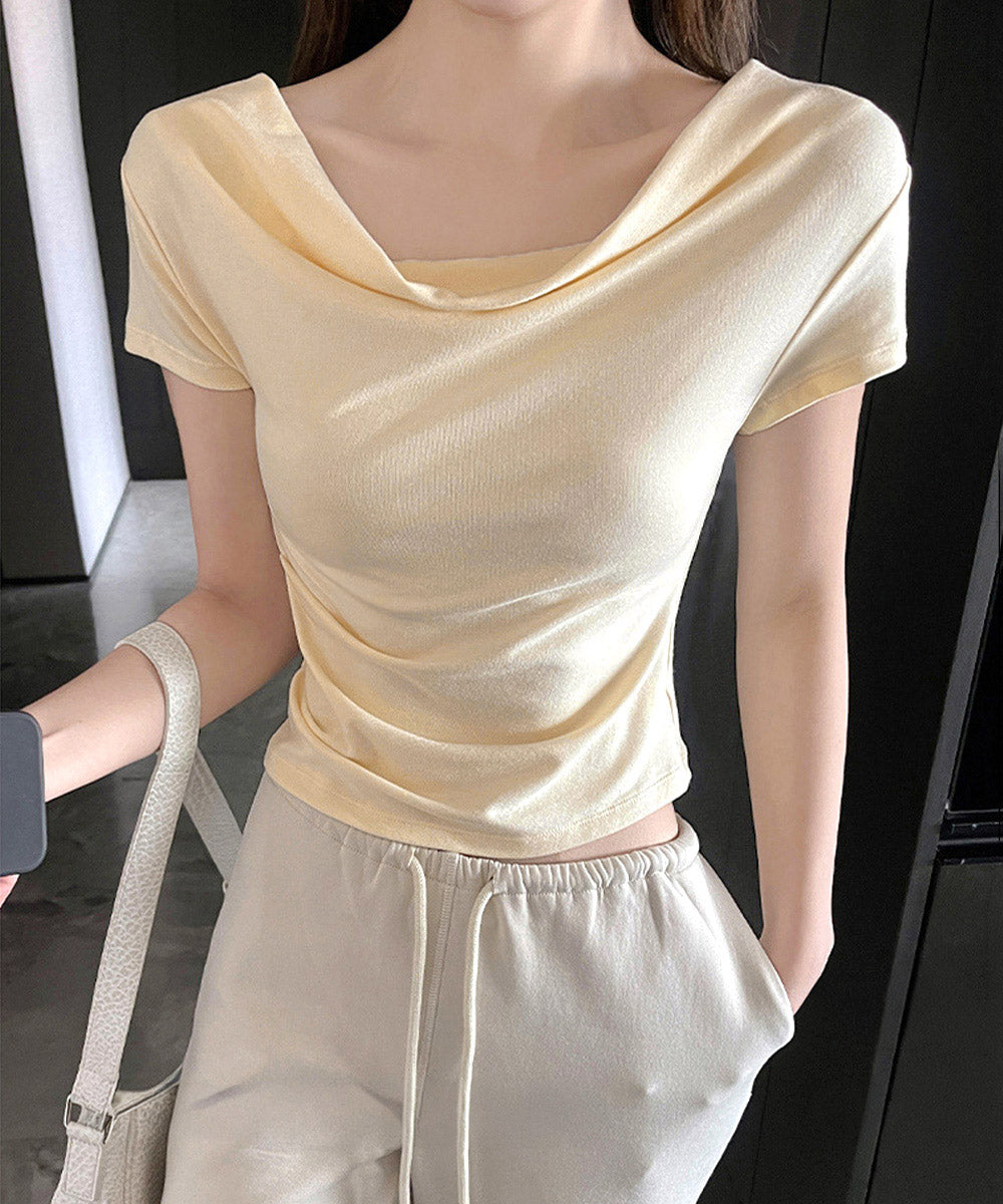 オフショルTシャツ 胸元ドレープトップス レディース ワンショルダーtシャツ サイドギャザー入り半袖カットソー着やせ 夏涼しいタイトTシャツ薄手カットソー 韓国風 2YIKE-014
