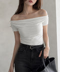 オフショルTシャツ 胸元ドレープトップス レディース ワンショルダーtシャツ サイドギャザー入り半袖カットソー着やせ 夏涼しいタイトTシャツ薄手カットソー 韓国風 2YIKE-014