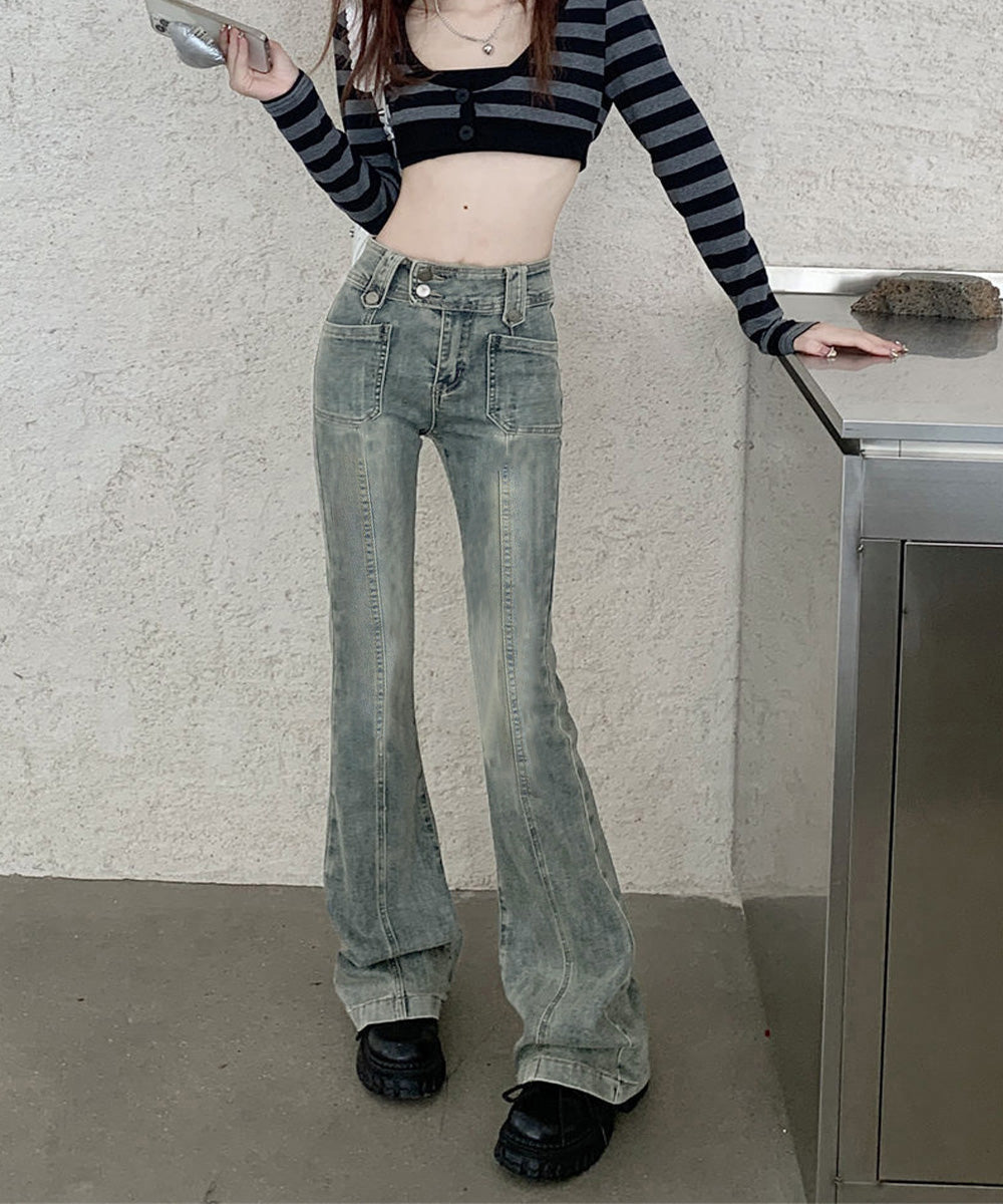 セミフレアデニムパンツ ヴィンテージ風 ブルー