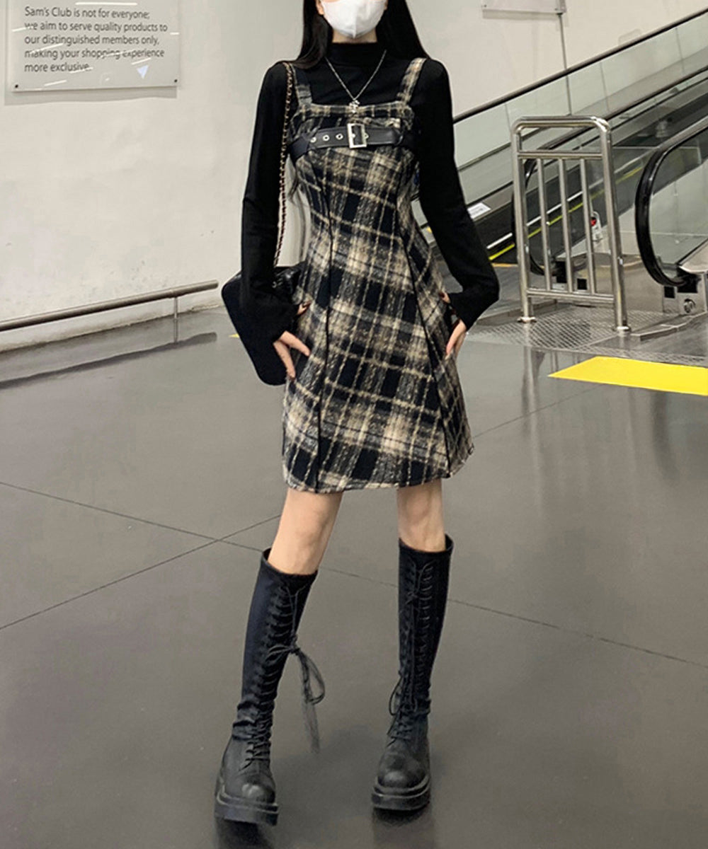 チェック柄サスペンダーワンピースベルト付 詳細画像4