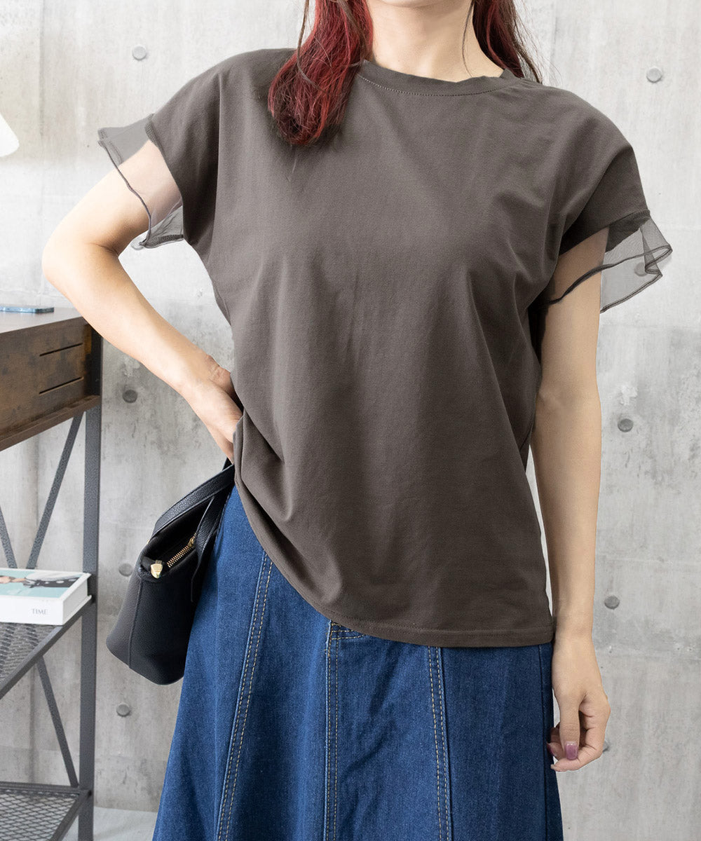 袖シアーTシャツチュール切替えカットソー 詳細画像23
