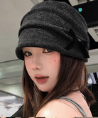 リボン付きニットキャスケット韓国風秋冬帽