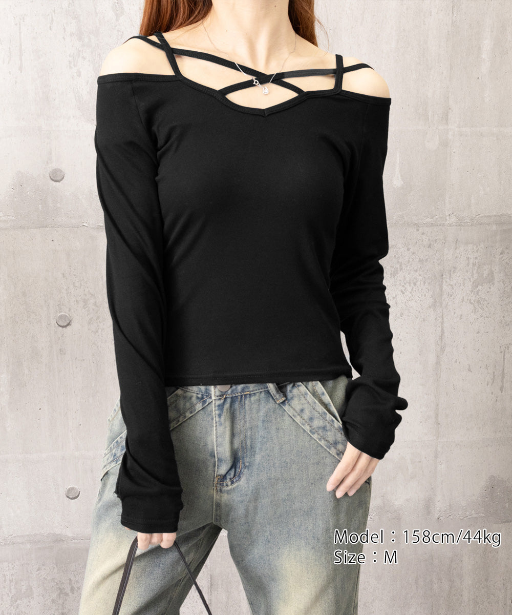 オフショルダーTシャツ クロスストラップ 詳細画像11